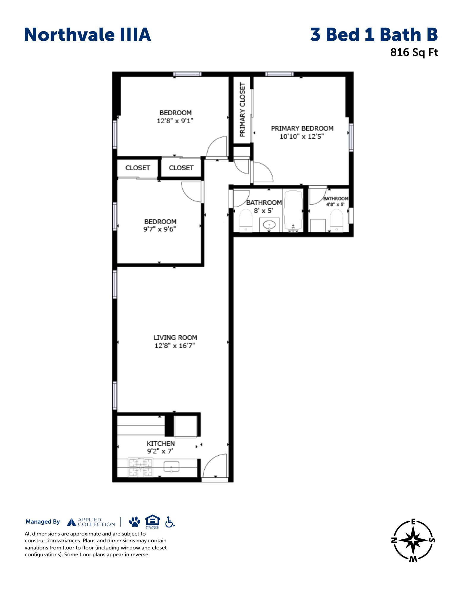 Floor plan for 3 beds, 1.5 baths, 816 sqft